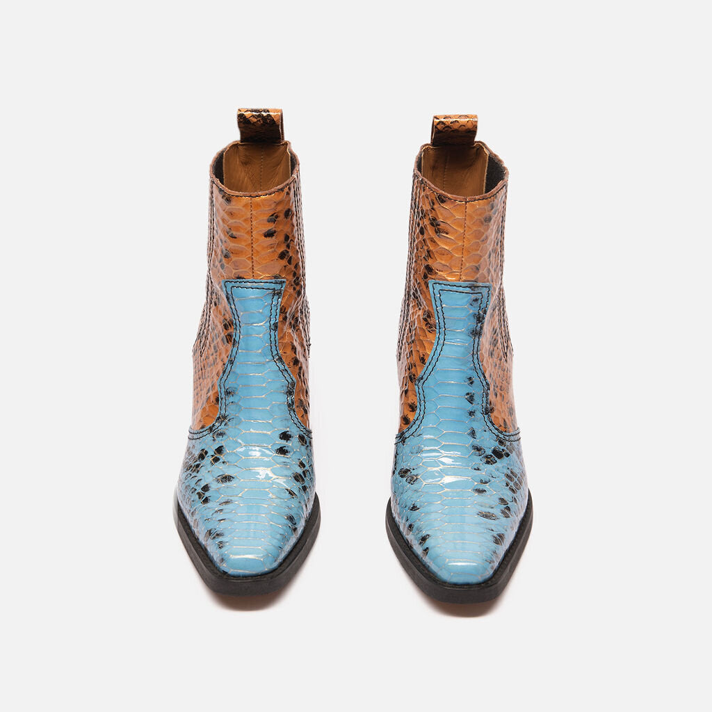 Ganni Brown and Blue Snake Print Western Boots