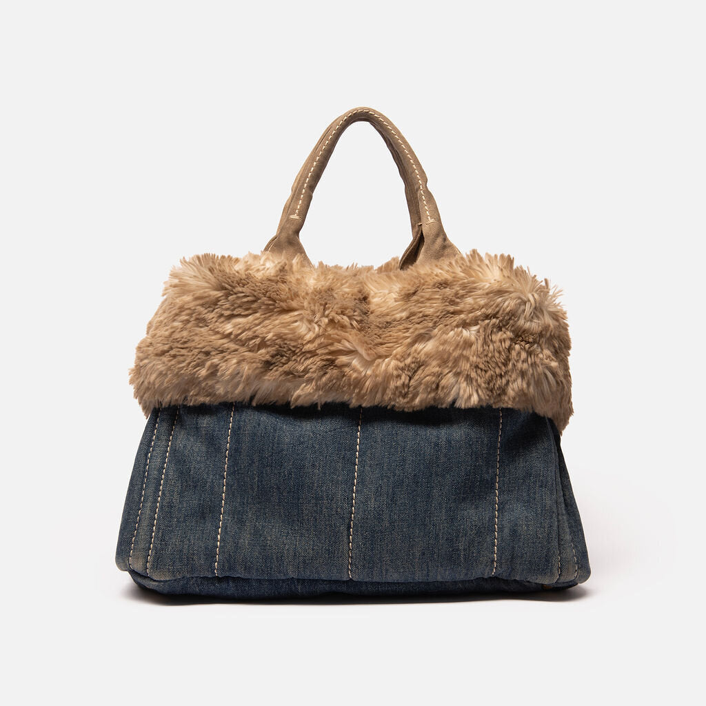 Prada Denim Canapa Fur Tote