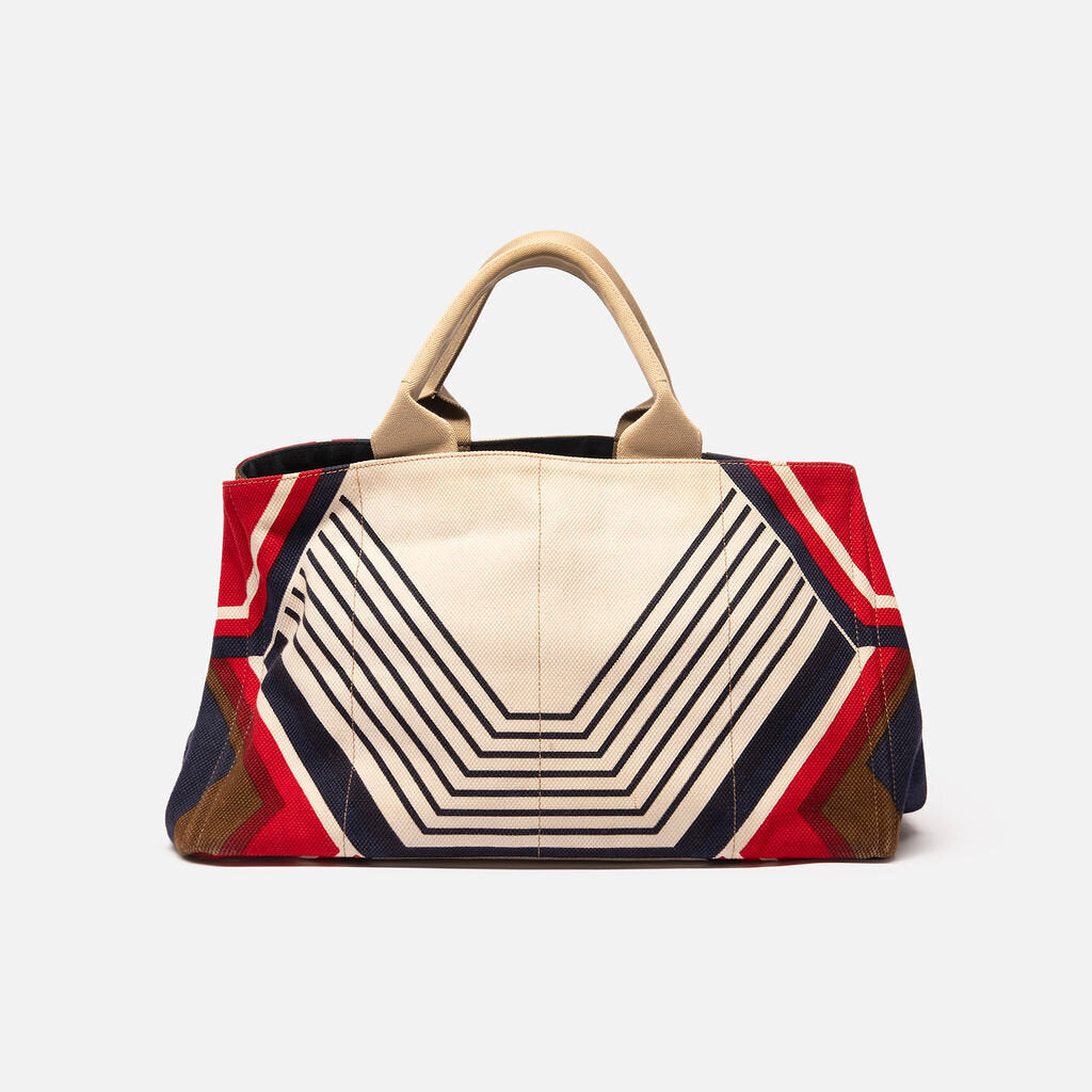 Prada Red/White/Brown Geometric Canapa Tote