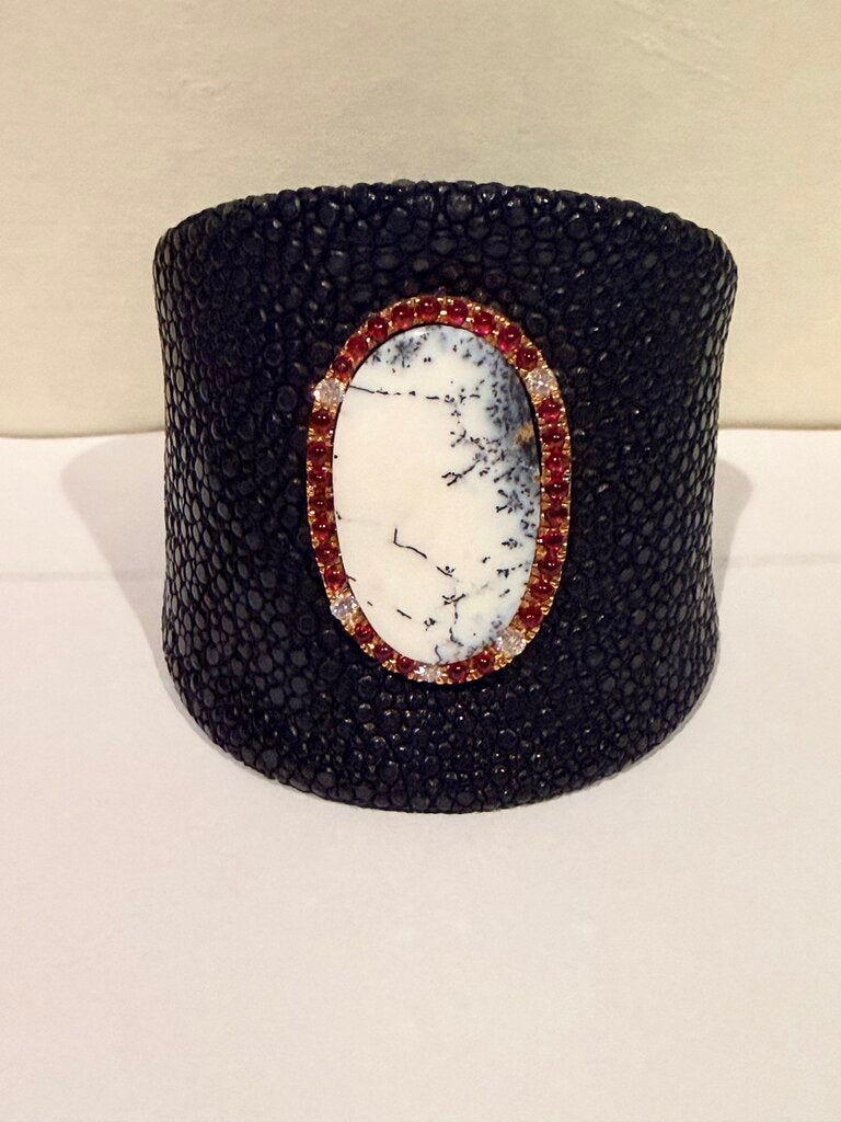 Blk Stingray Cuff Bracelet w/Jasper and Ruby