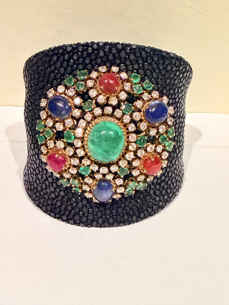 Black Stingray Cuff with Emeralds, Ruby & Sapphire