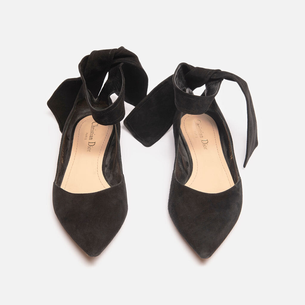 Christian Dior Black Suede Ankle Bow Flat