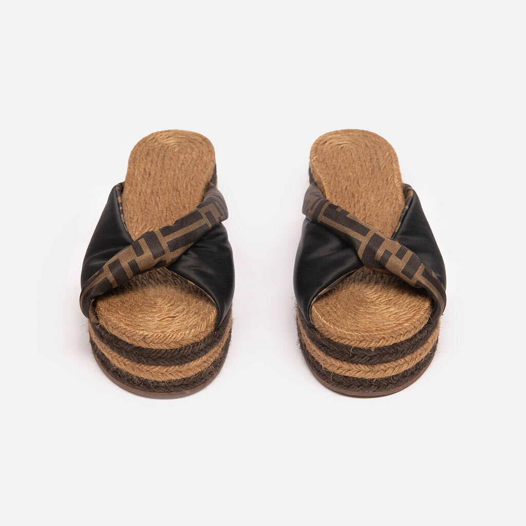 Fendi Black Logo Espadrille Platform Slides
