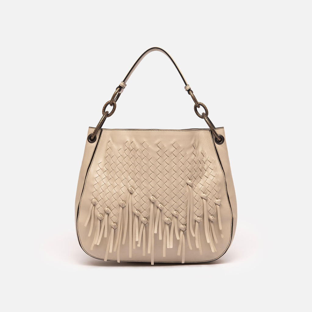Bottega Veneta Greige Intrecciato Fringe Shoulder Bag