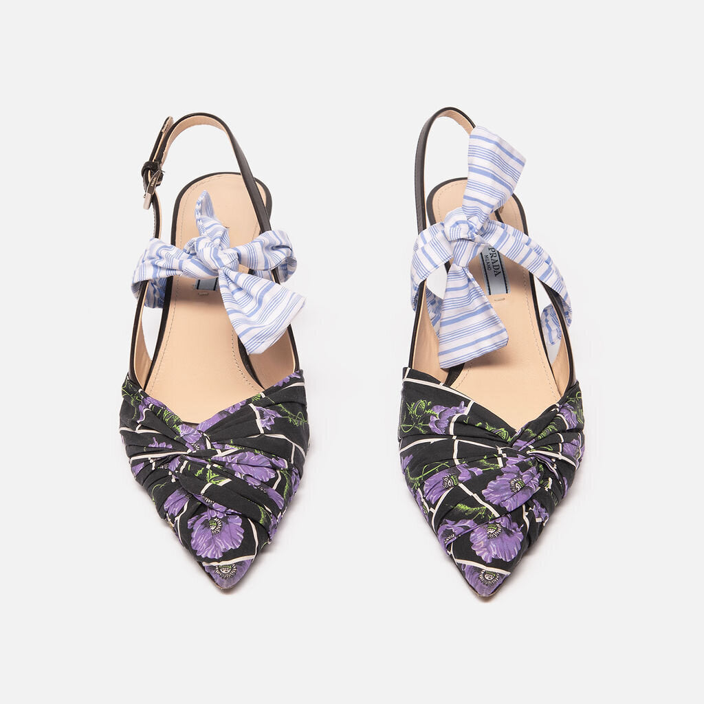 Prada Black Multi Floral & Stripe Slingback Pumps