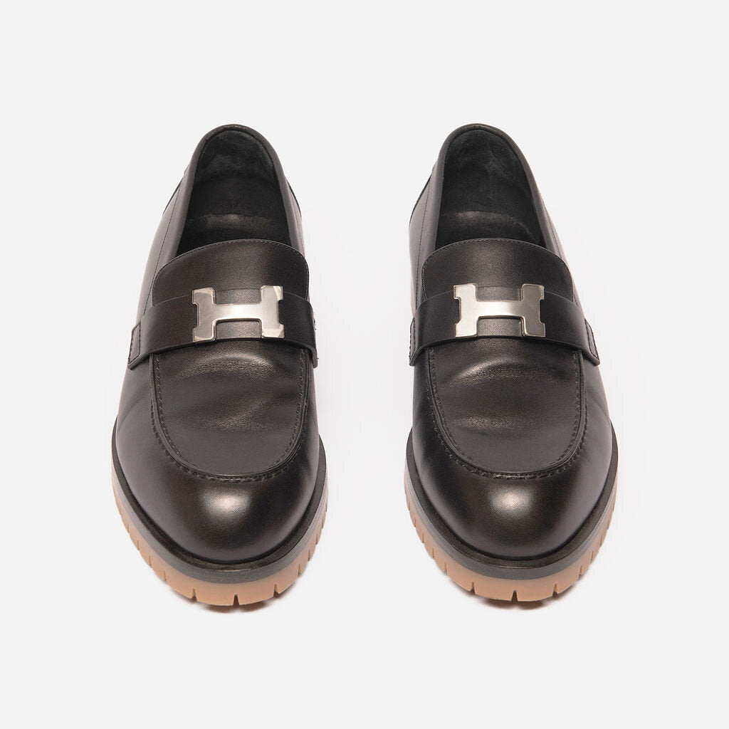 Hermes Black Leather Loafer with Palladium Hardware