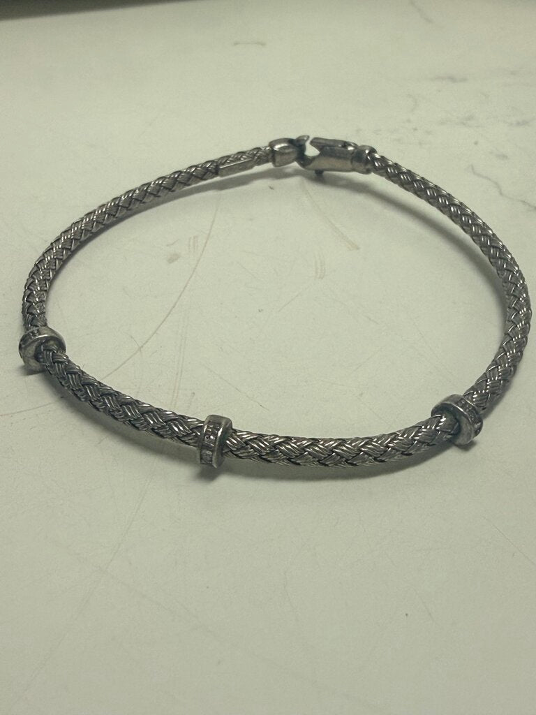 Sterling Woven Bracelet w/ 3 Diamond stations