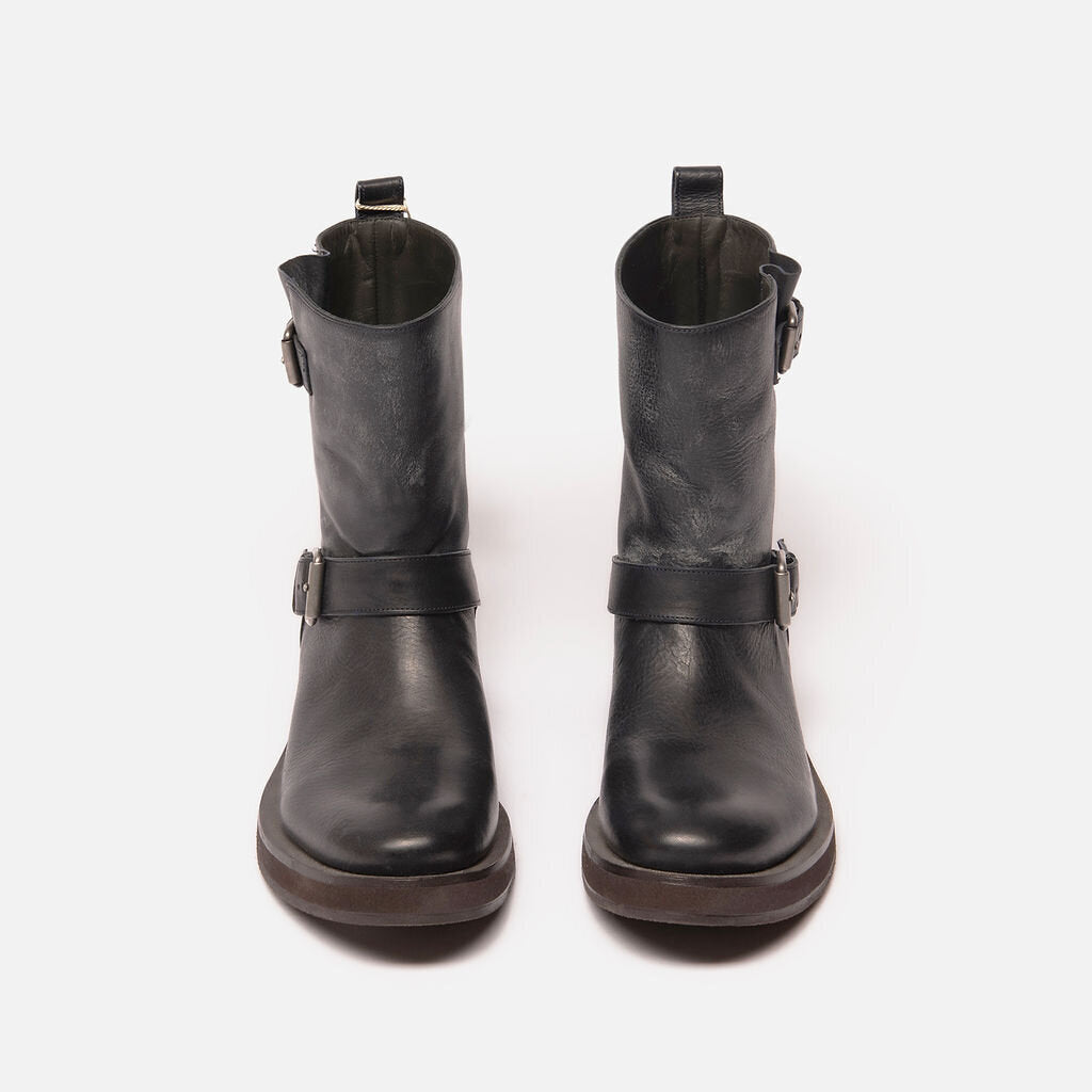 Brunello Black Leather Double Buckle Moto Boots