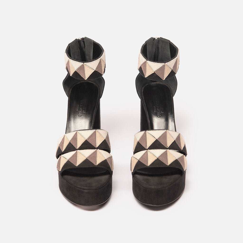 Hermes Black & Multi Suede Platform Sandal