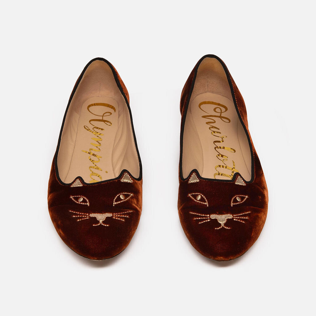 Charlotte Olympia Brown Suede Cat Flat