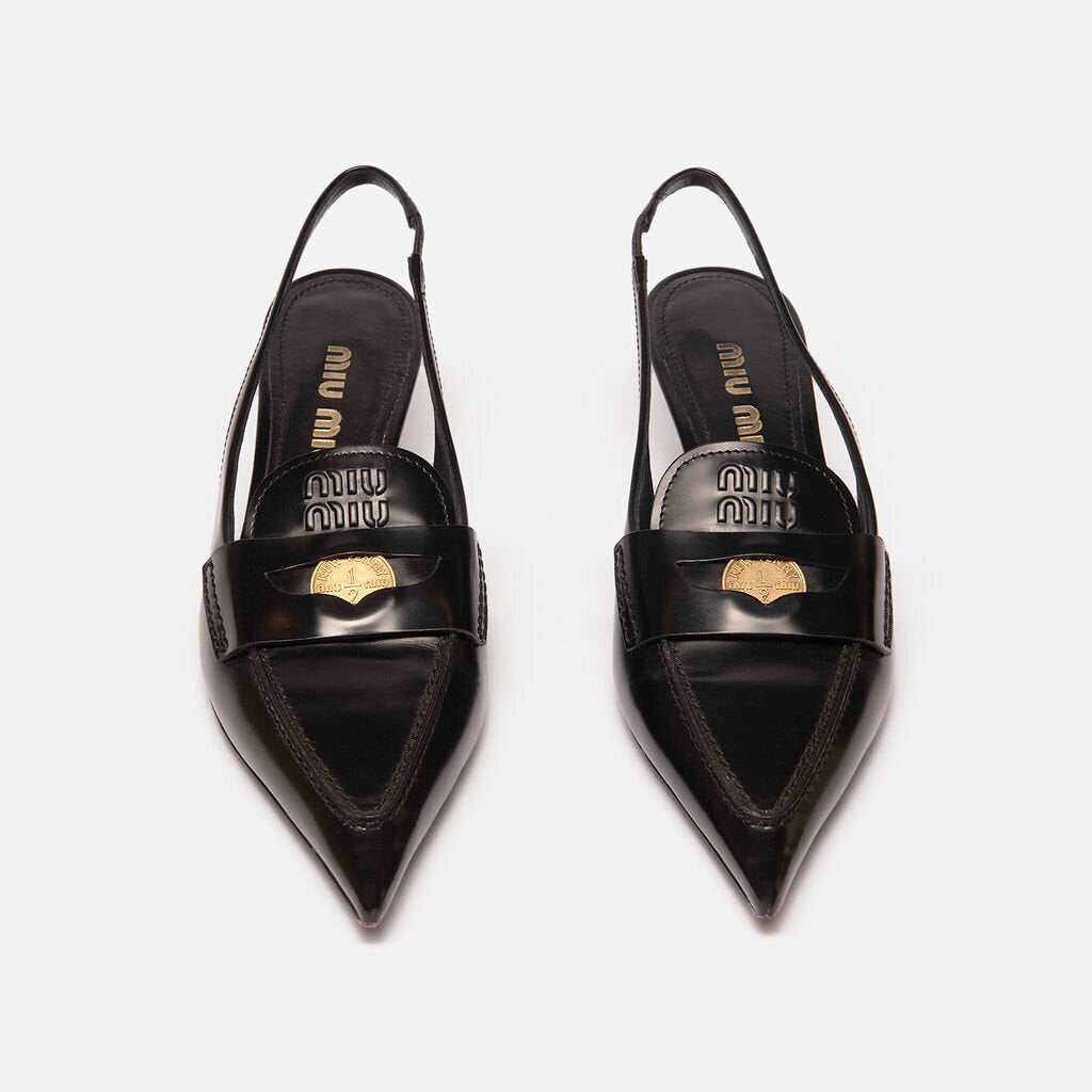 Miu Miu Black Leather Gold Penny Slingbacks