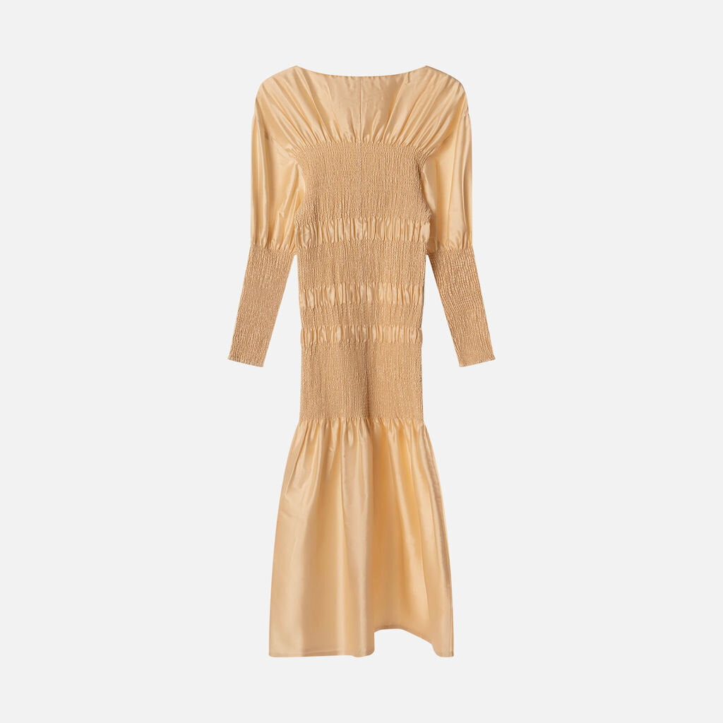 Toteme Cream Silk Smocked Midi Dress
