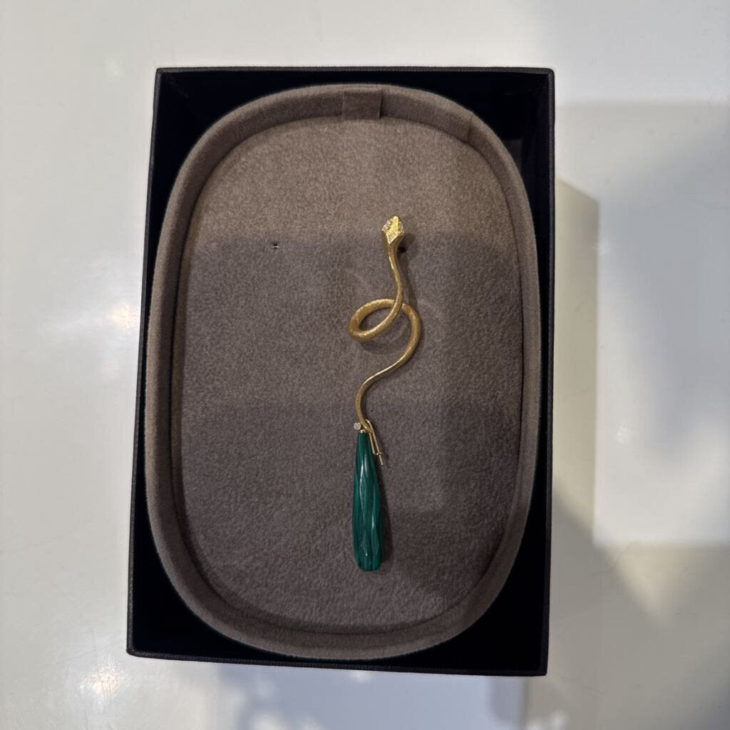 18K Yellow Gold w/ Diamond Snake & Malachite Teardrop SINGLE EARRING W/ 2 BOXES