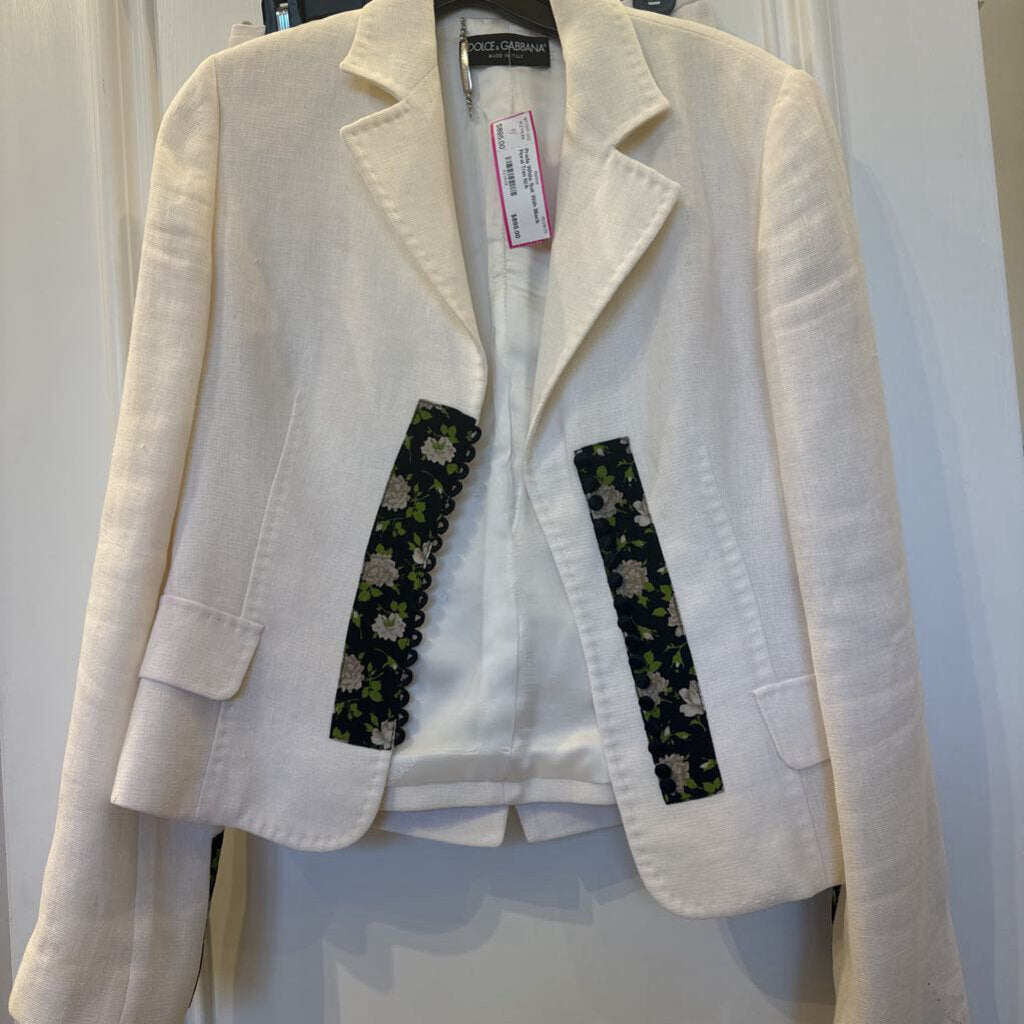 Dolce and Gabbana White Suit With Black Floral Trim