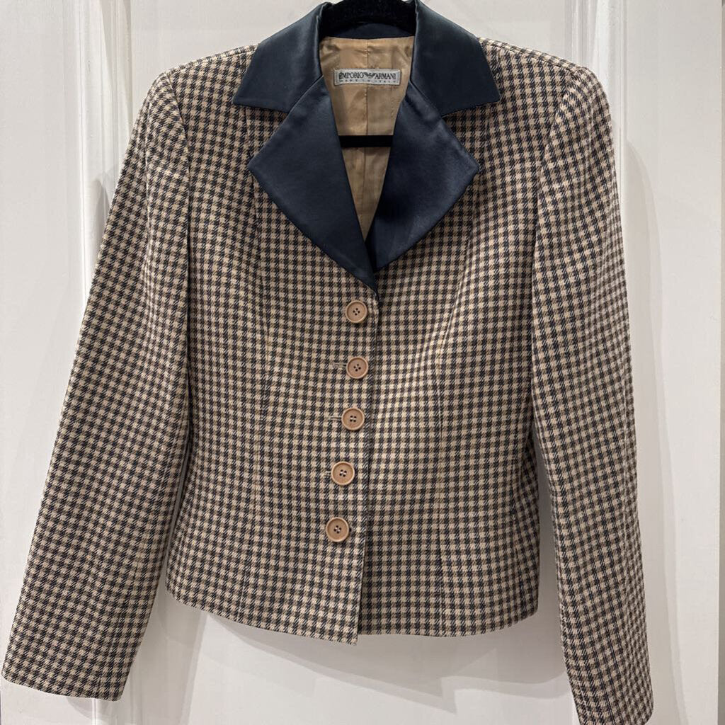1980s Wool Blend Houndstooth Satin Lapel Blazer