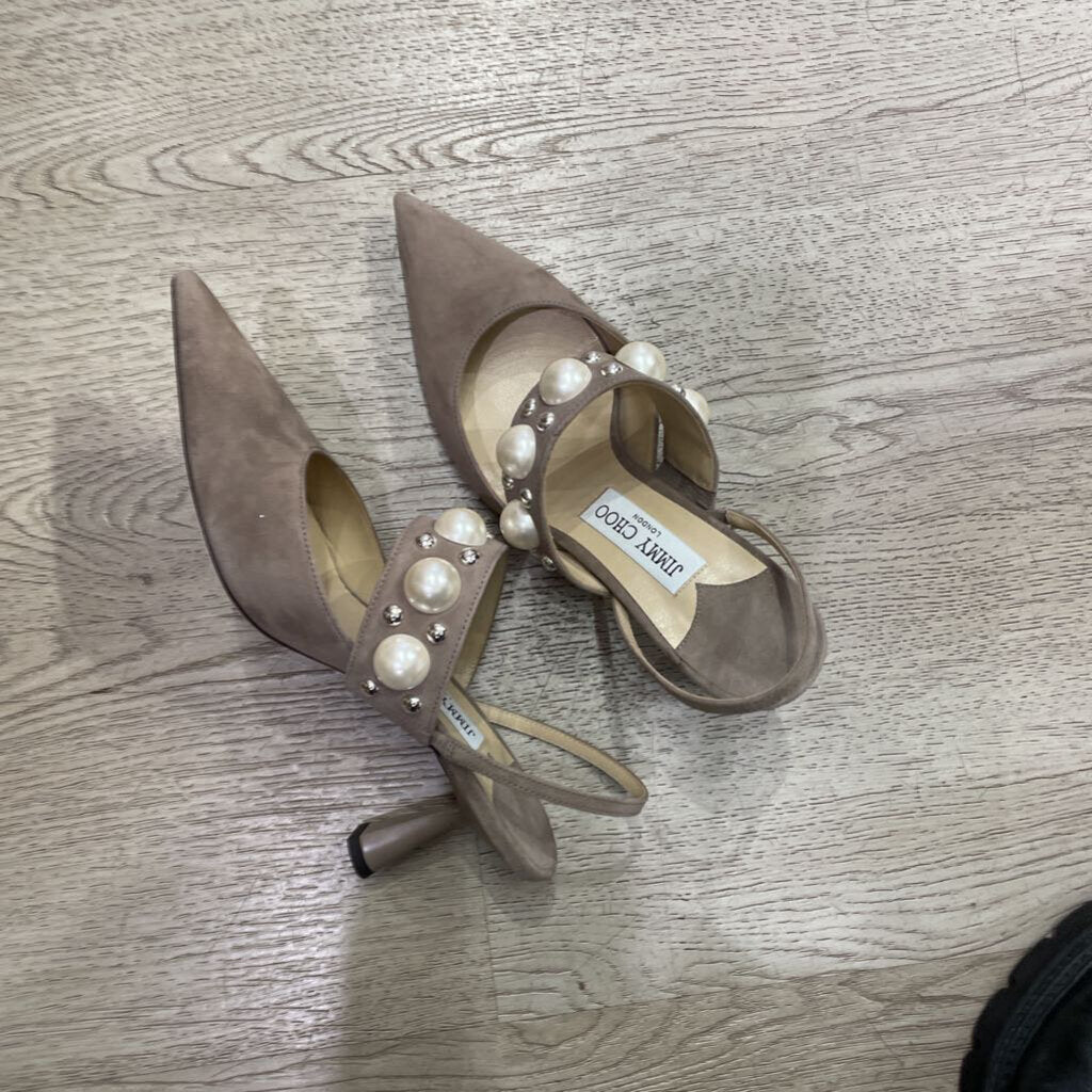 Tan Suede Pearl Detail Slingback