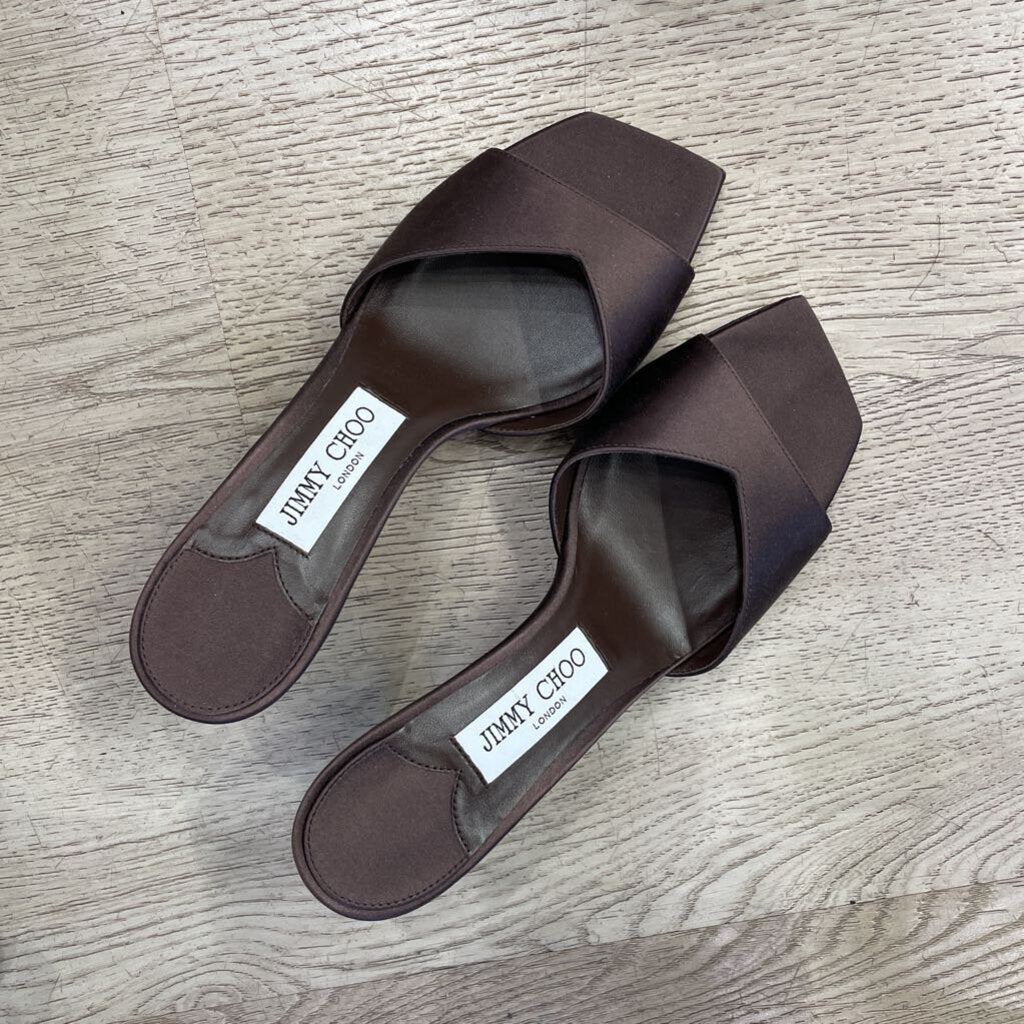 Brown Satin Square Toe Mules