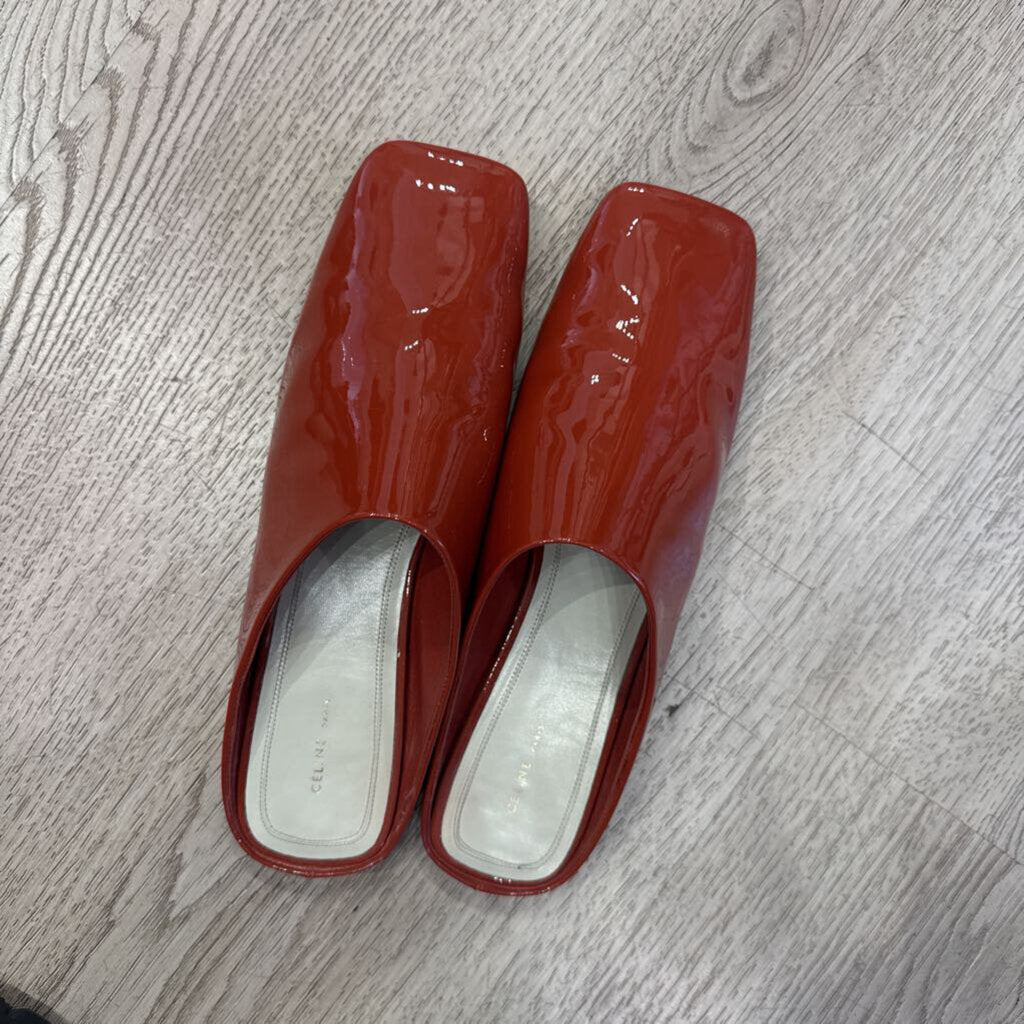 Burnt Orange Patent Mules