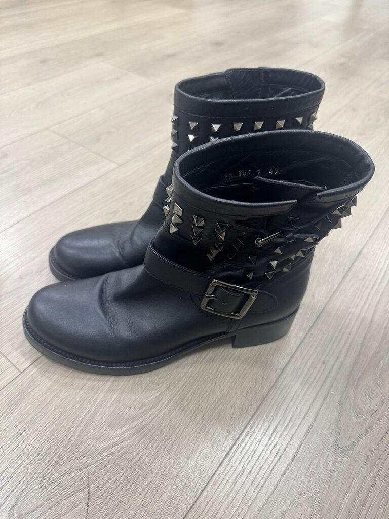 Black Leather Studded Moto Boots