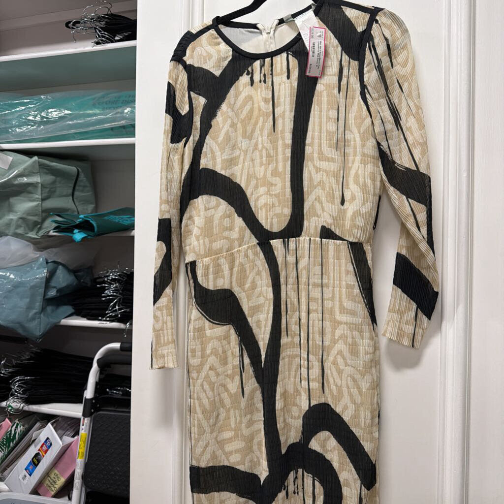 Beige/Black Poly Longsleeve Midi Dress