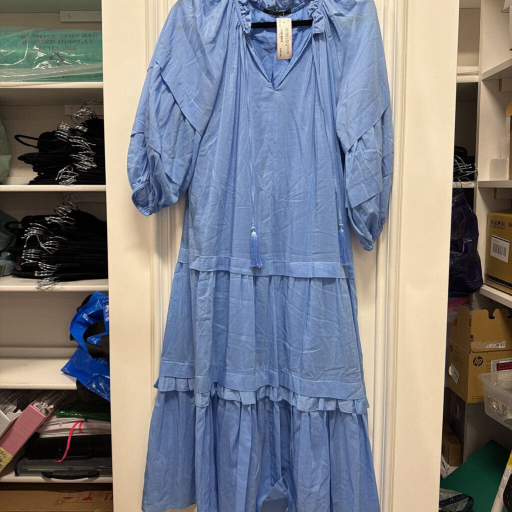 Blue Cotton/Silk Tiered Midi Dress