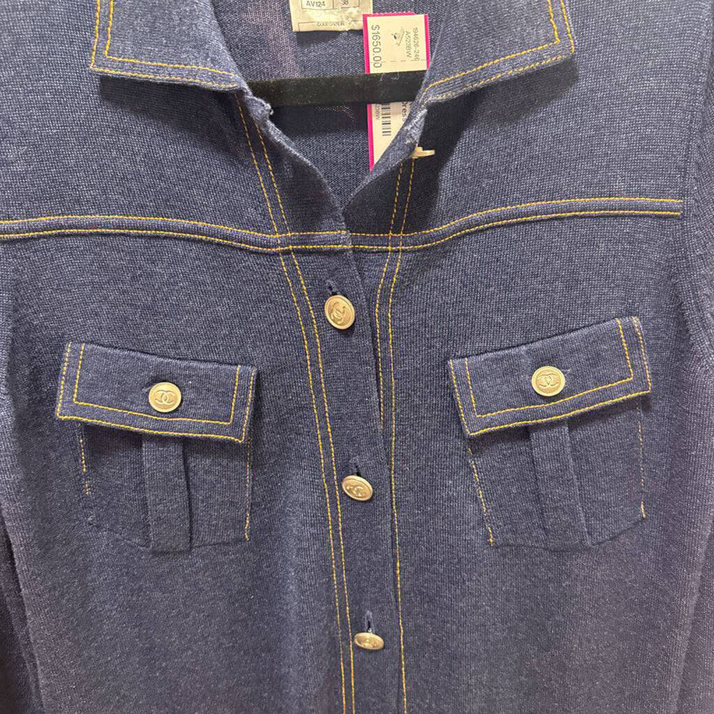Navy Wool/Silk Denim-Effect Dress