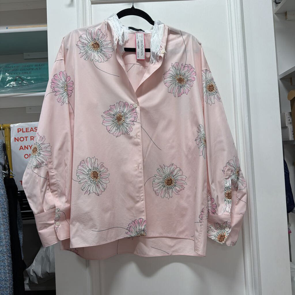 2024 Pink Floral Print Cotton Fringe Collar Shirt