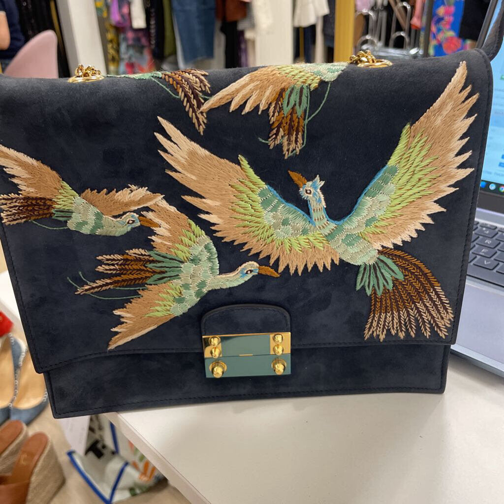 Navy Suede Embroidered Shoulder Bag(3775)