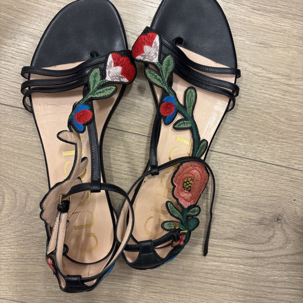 Black/Multi Leather Floral Sandal
