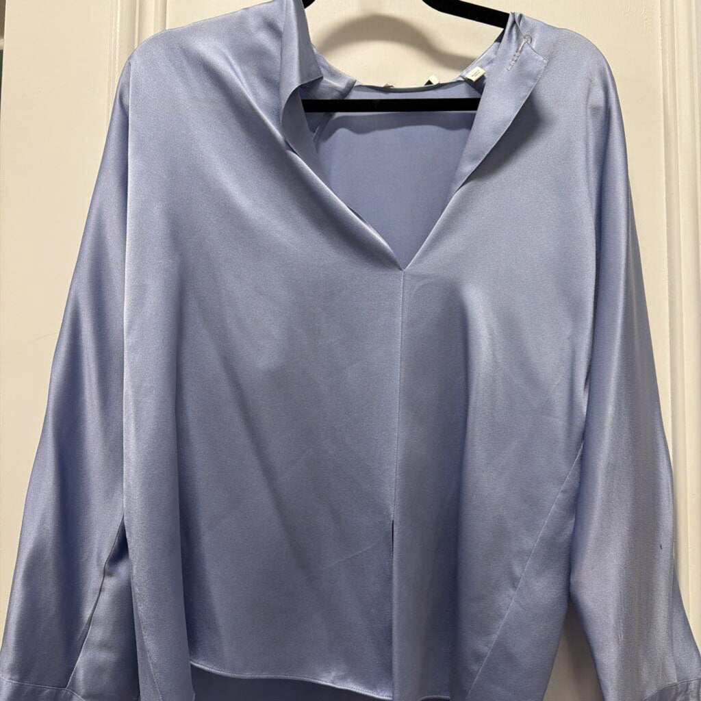 Blue Silk Satin Long Sleeve Mandarin Collar Shirt