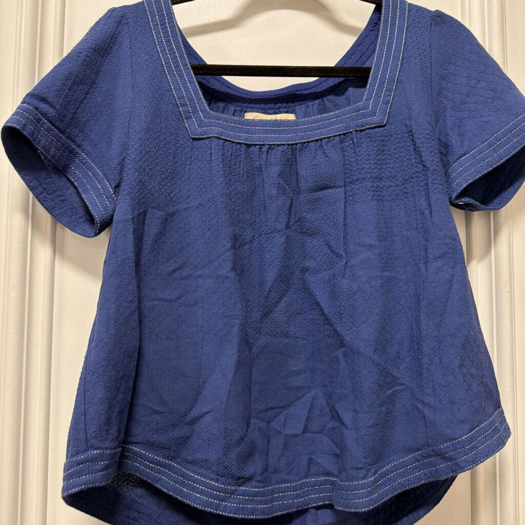 Blue Cotton Short Sleeve White Stitched Top