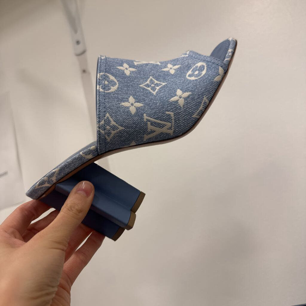 Blue Denim Monogram Heeled Mules