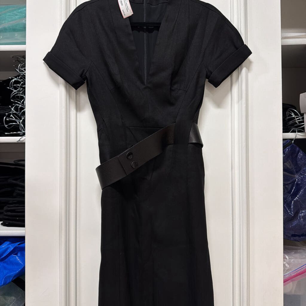 Black V Neck Short Sleeve Hemp/Cotton Leather Belt Dress