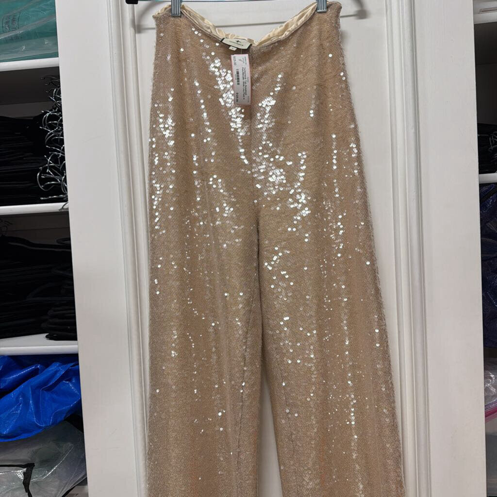 Tan Sequined Poly/Metallic Wide Leg Pant