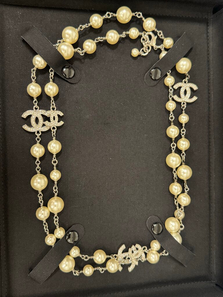 A20 Silver Tone Faux Pearl + Crystal CC Necklace w/ Box