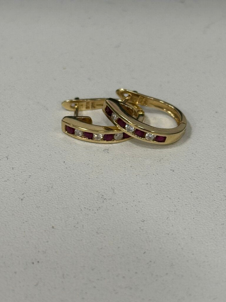 14k YG Ruby + Diamond Hoop Earrings