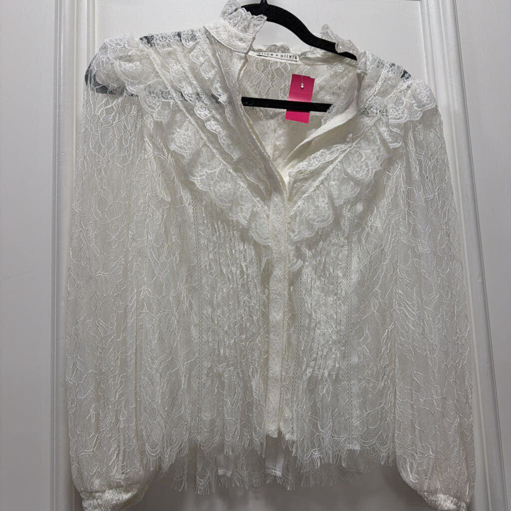 White Nylon Lace LS Button Up Top