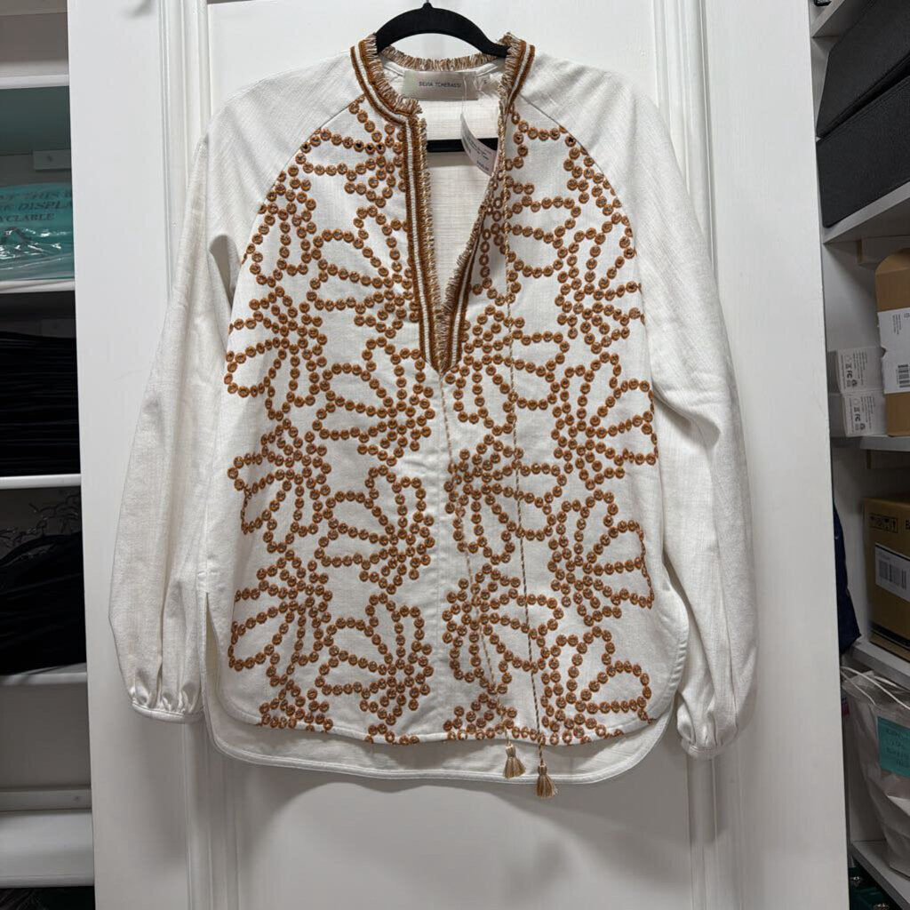 White Brown Embroidered Cotton Poly Tasle Top(1145)
