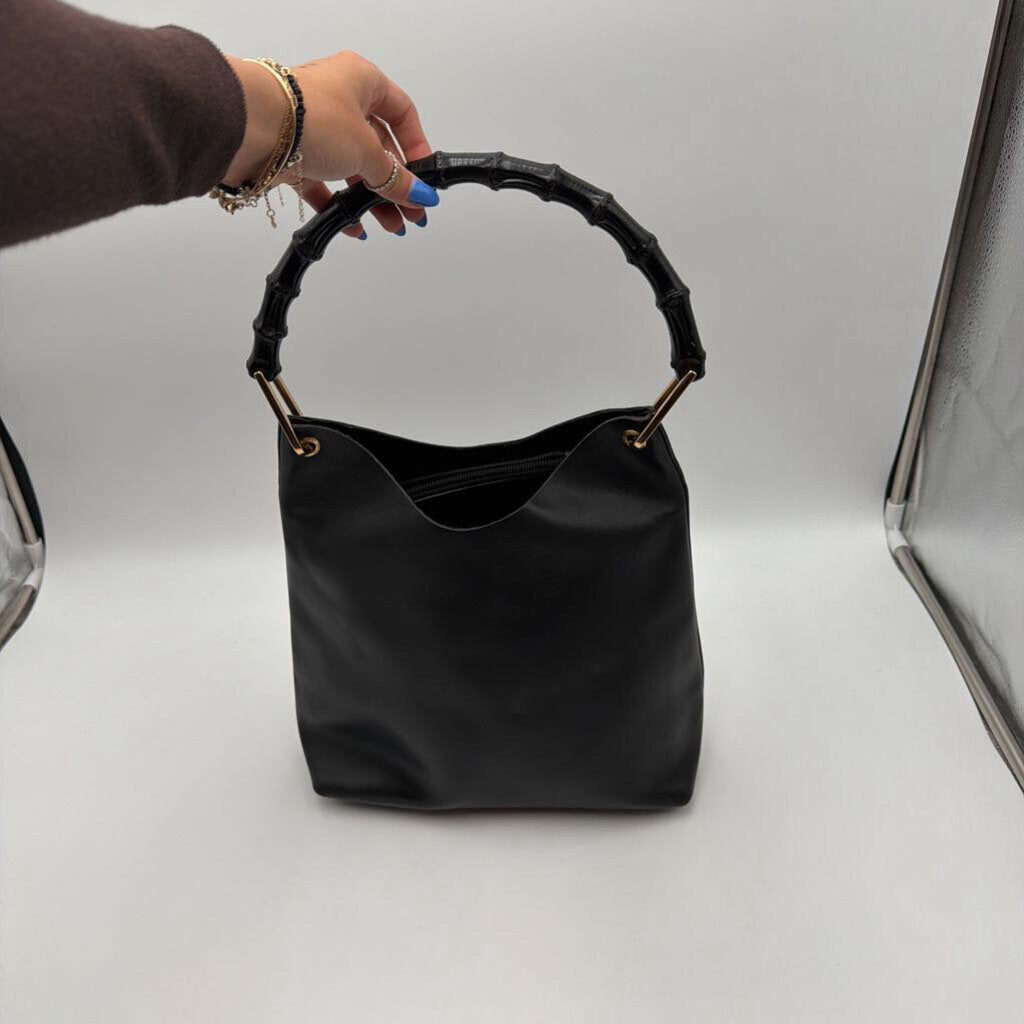 Black Leather Bamboo Hobo Bag