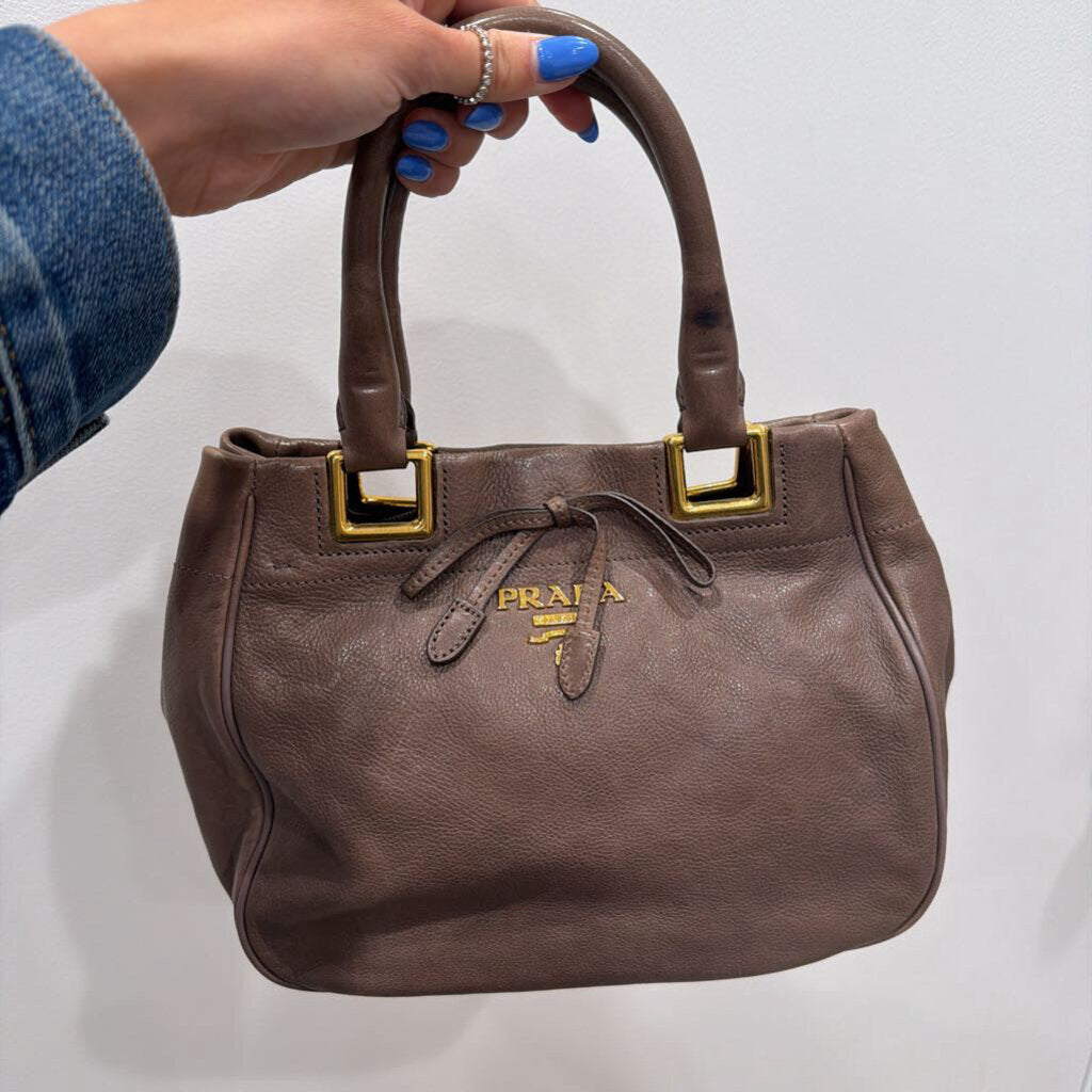 Gray Leather Bow Top Handle Bag