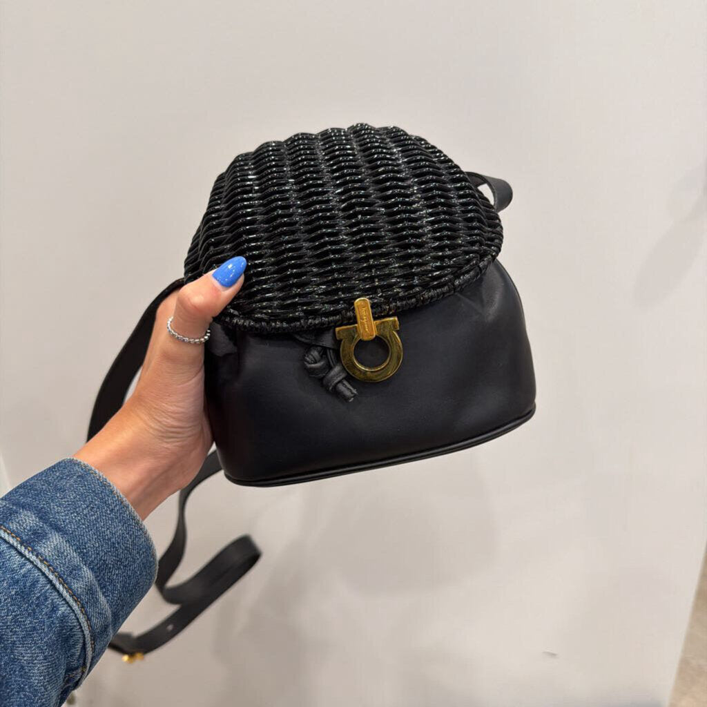 Black Wicker & Leather Crossbody Bag