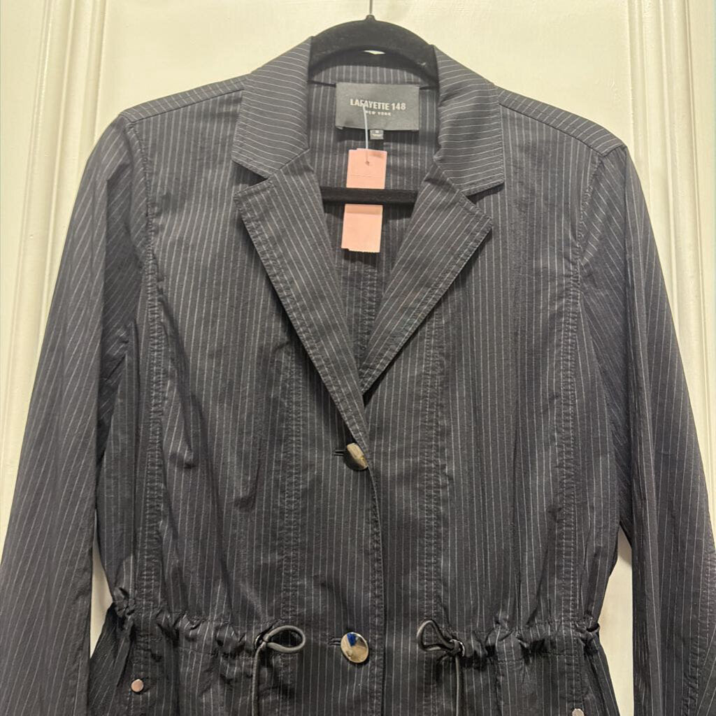 Black /Grey Pinstripe Nylon Blend Tie Front Jacket
