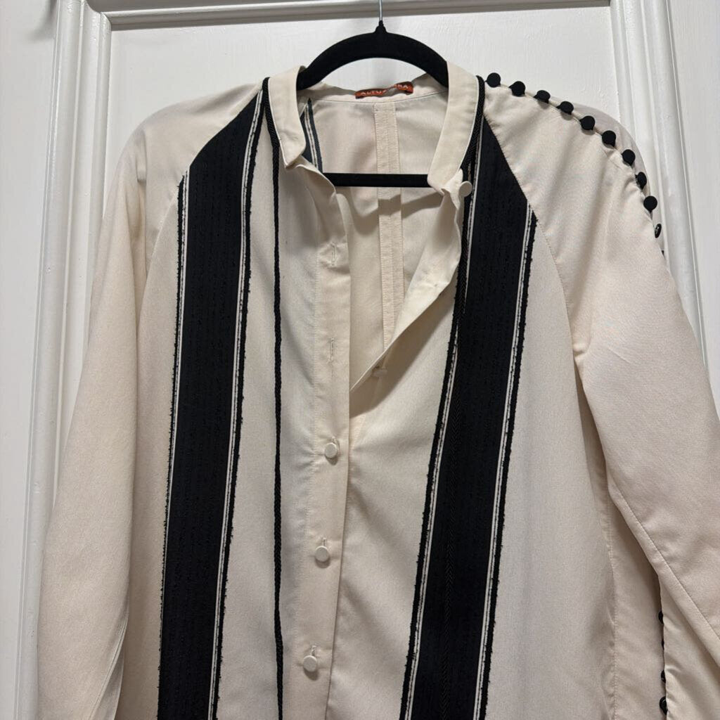 Black/White Stripe Visccse Tassel Tie Blouse