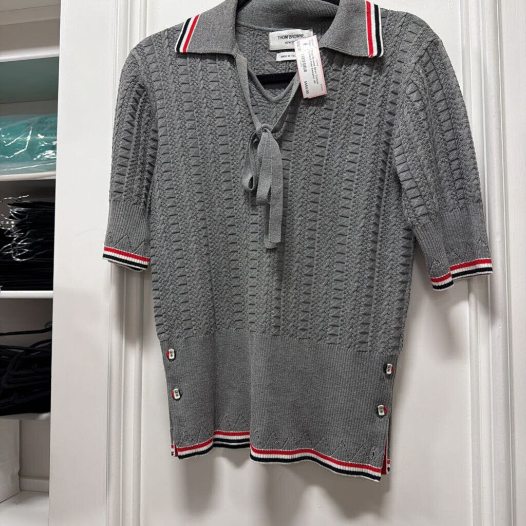 Grey Cotton Tie-Neck Polo Sweater