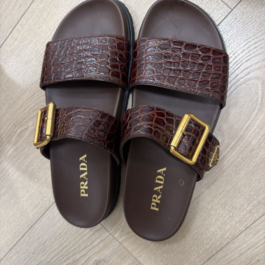 Prada Brown Calfskin Embossed Crocodile Sandal