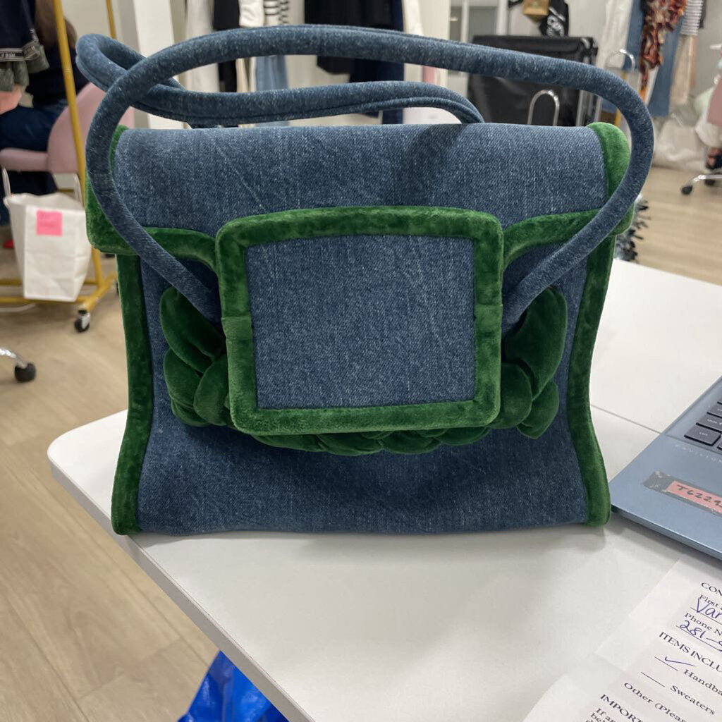 Denim Top Handle w/Dark Green Velvet Strap