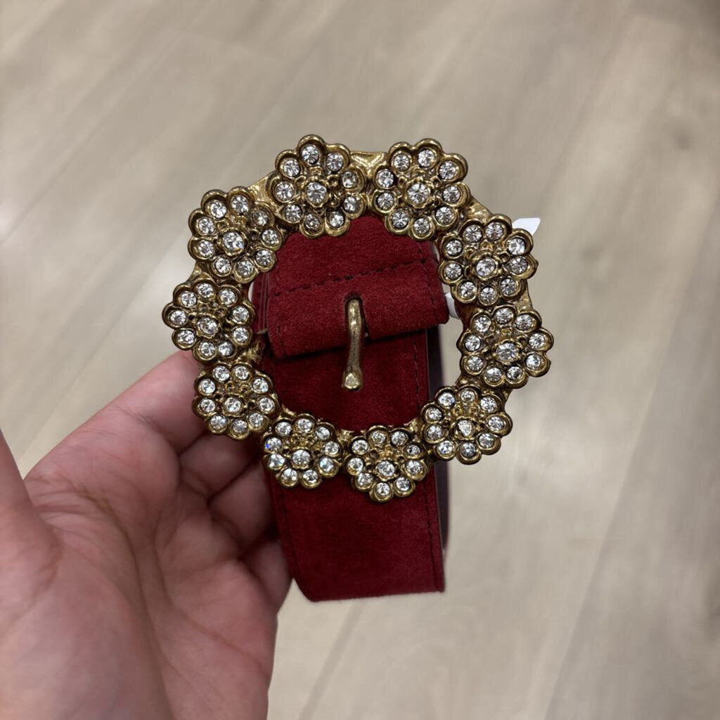 Sezane Red Suede Crystal Embellished Buckle Belt