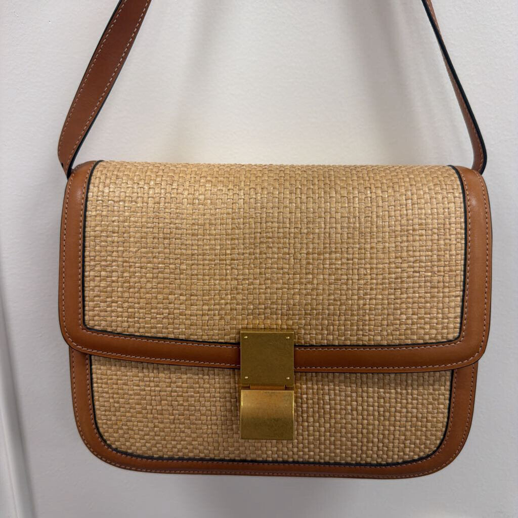 Brown Leather Raffia Medium Box Crossbody