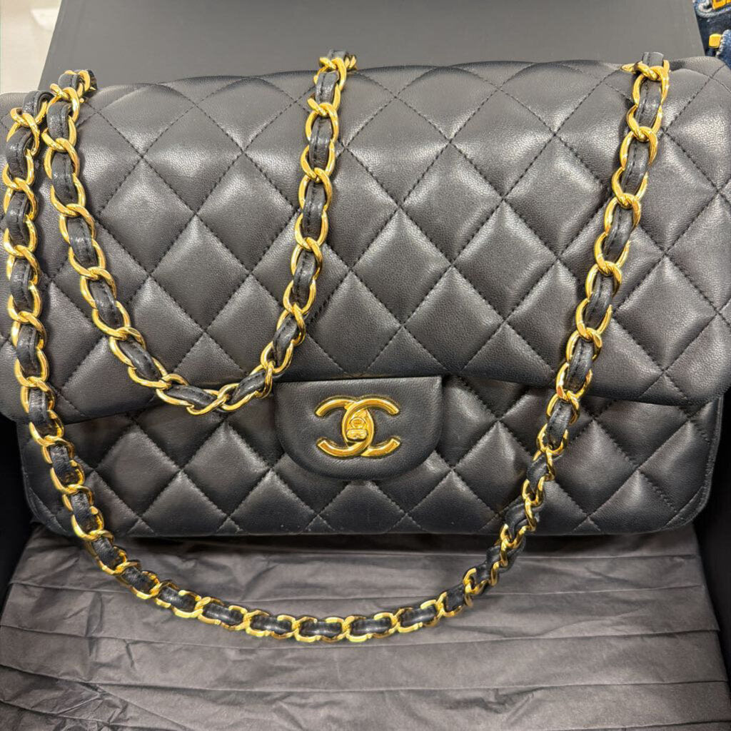 2017 Black Lambskin Jumbo Double Flap Handbag (full set)