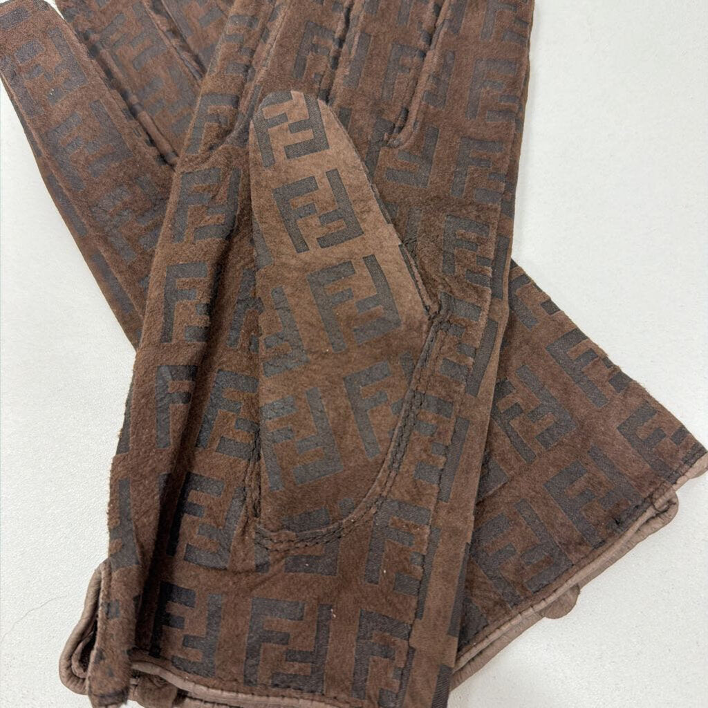 Fendi Brown FF Leather Gloves